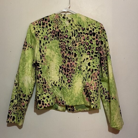 Vintage 80s/90s Cropped Moto Jacket Lime Leopard Print Maggy London - Picture 5 of 5